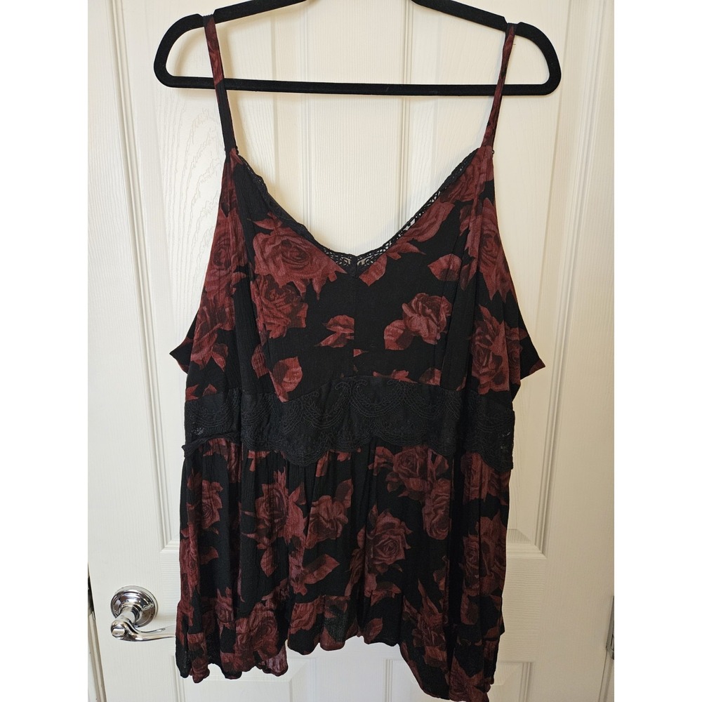 Torrid Rose Print Black Background Black Lace Smocked Back Babydoll Cami Top 5X
